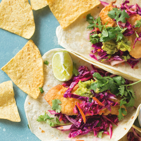 Baja Style Fish Tacos with Cabbage Slaw and Blue Corn Tortillas